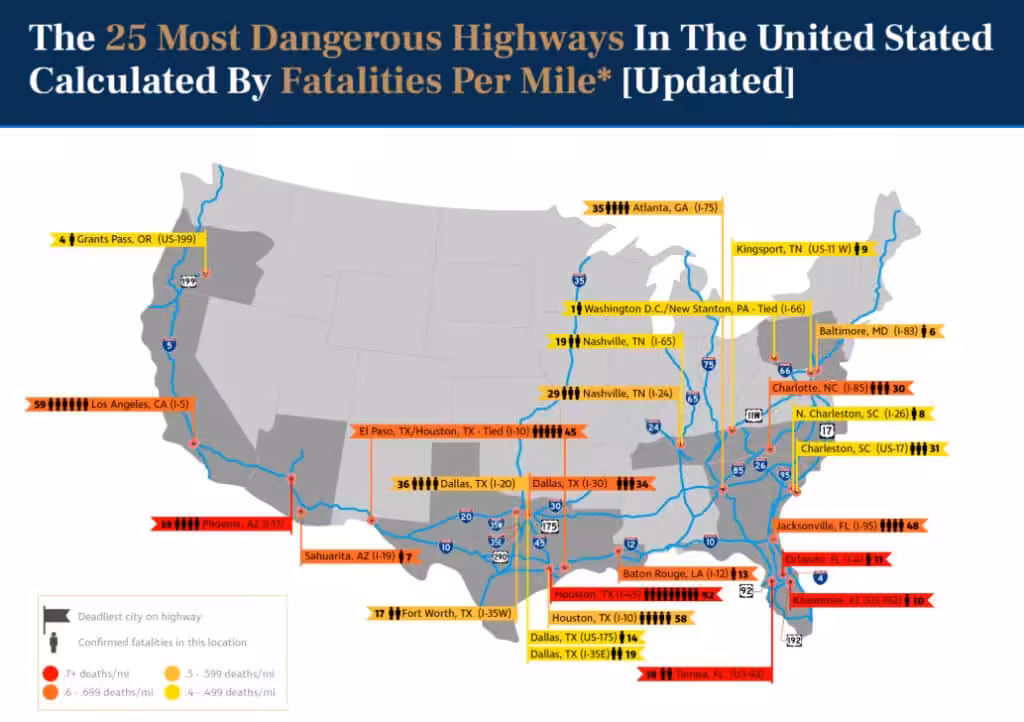 Map of the 25 most dangerous U.S. highways