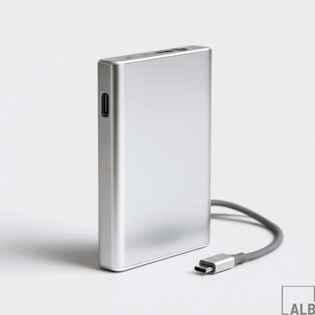 Grey-silver power bank with a short cord 